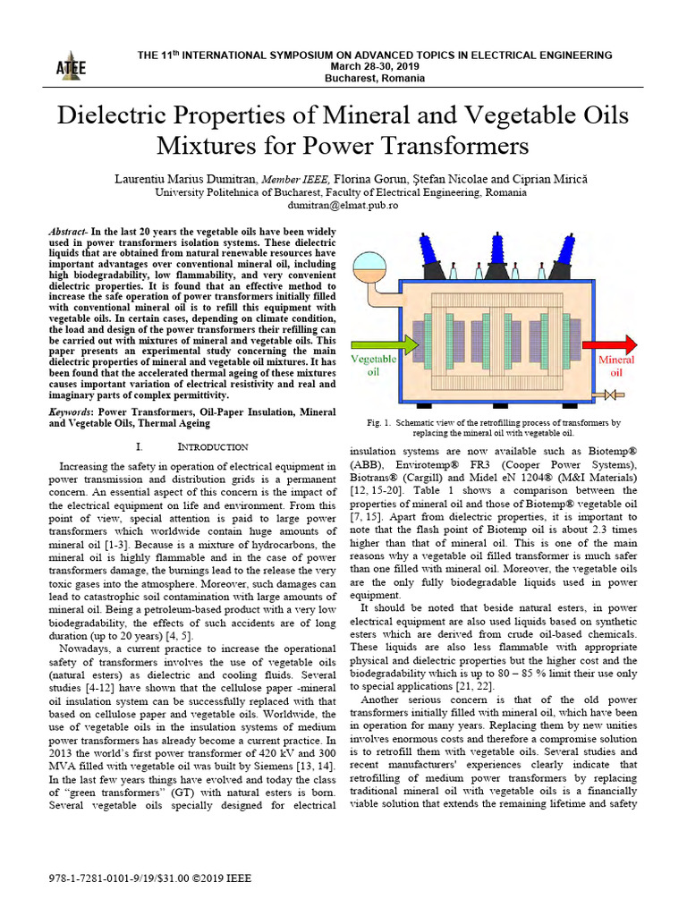 Dielectric Properties of Mineral and Vegetable Oils Mixtures for Power ...