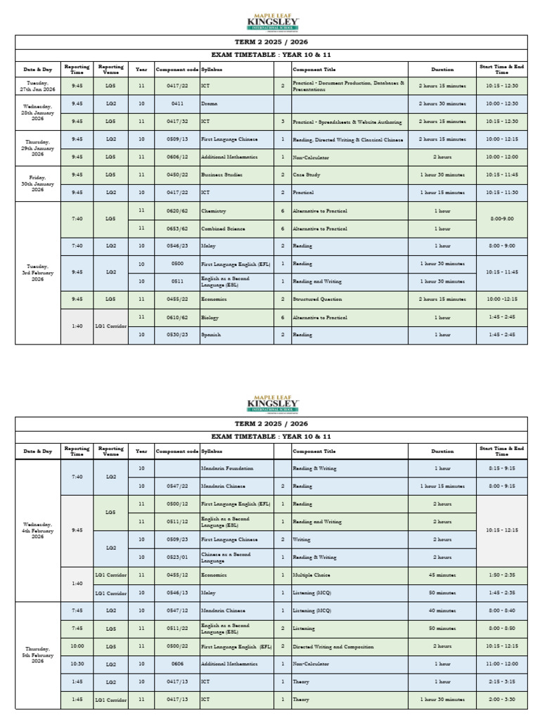 Term 2 2025 - 2026 Internal Exam TT (Y10 & 11) | PDF