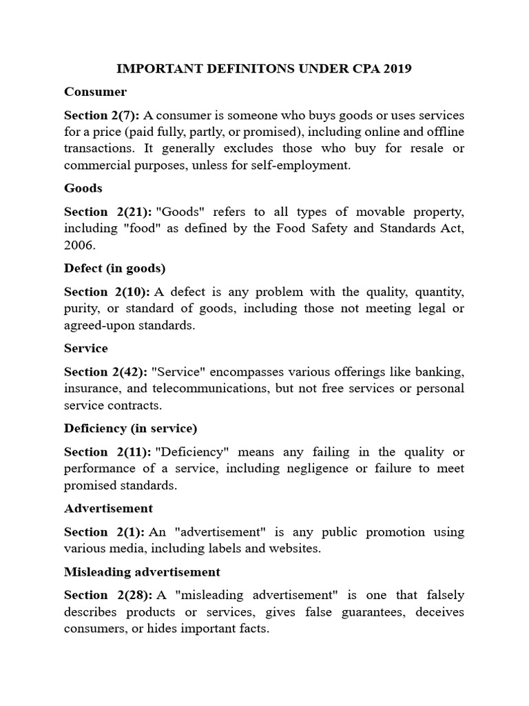 Definitions Under CPA 2019 | PDF | Consumer Protection | False Advertising