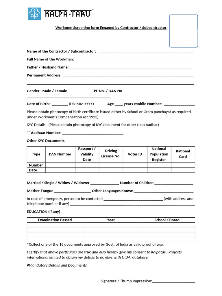 Workmen Screening Form | PDF | Identity Document | Access Control