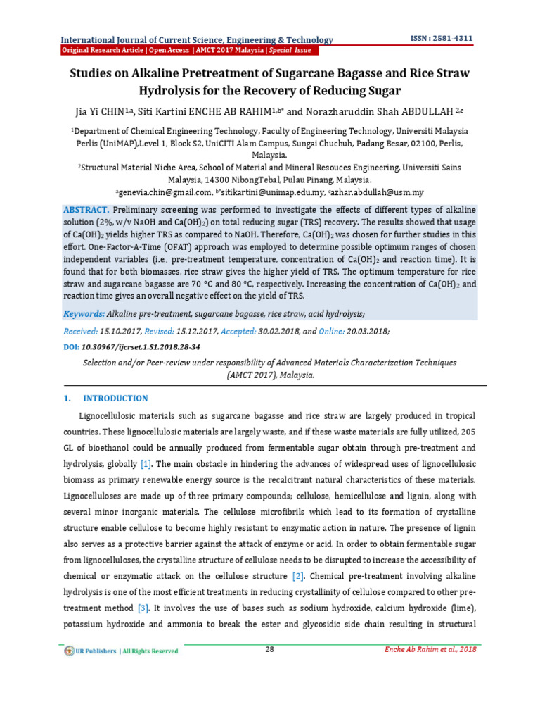 Studies on Alkaline Pretreatment of Sugarcane Bagasse and Rice Straw ...