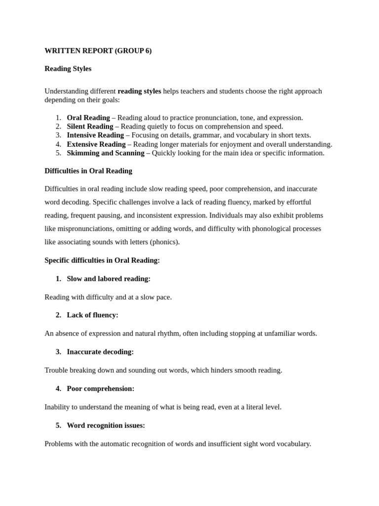 Written Report | PDF | Reading Comprehension | Fluency