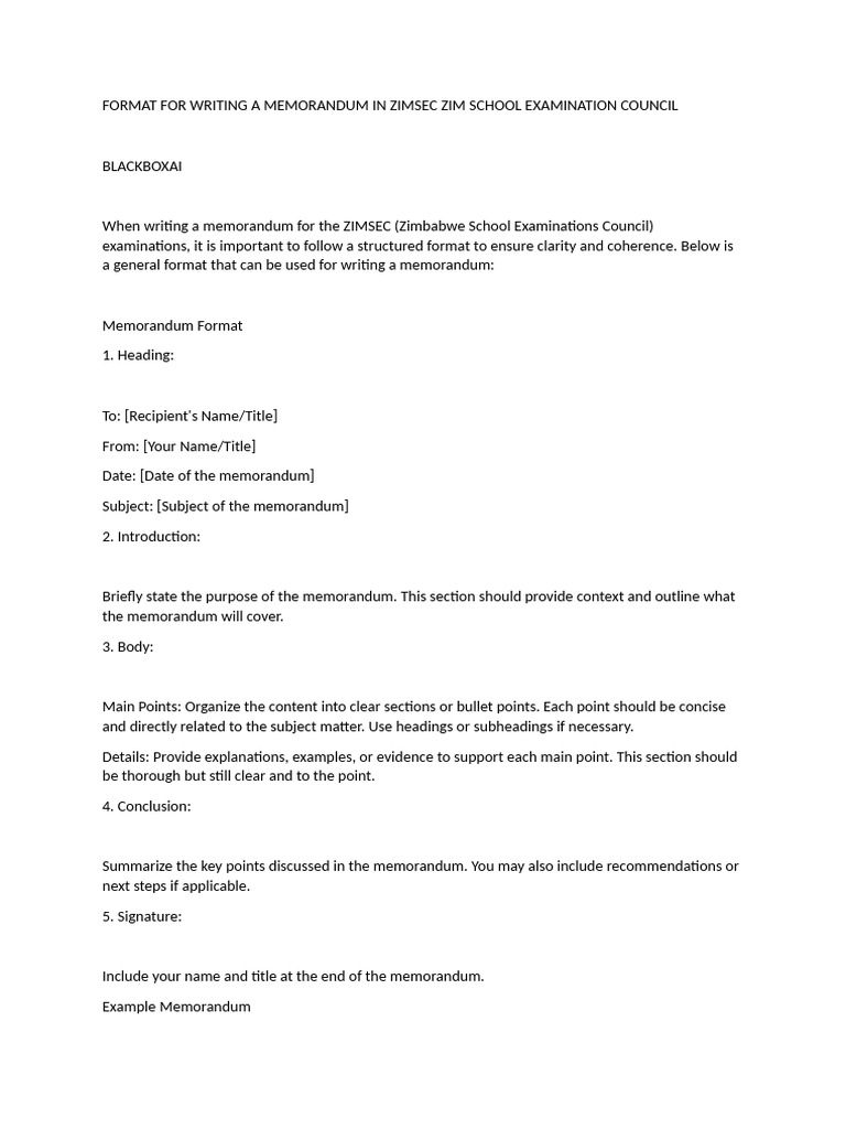 Format For Writing A Memorandum in Zimsec Zim School Examination ...