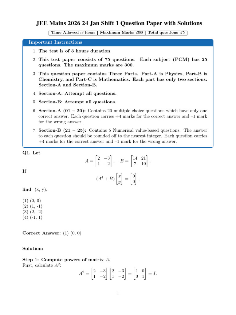 JEE Main 2026 Jan 24 Shift 1 Question Paper With Solutions ...