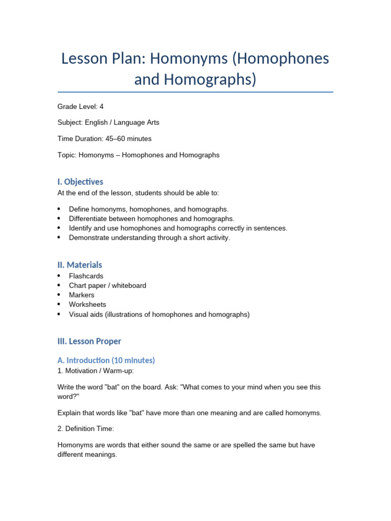 Grade4 Homonyms Lesson Plan | PDF | Linguistics | Lexicology
