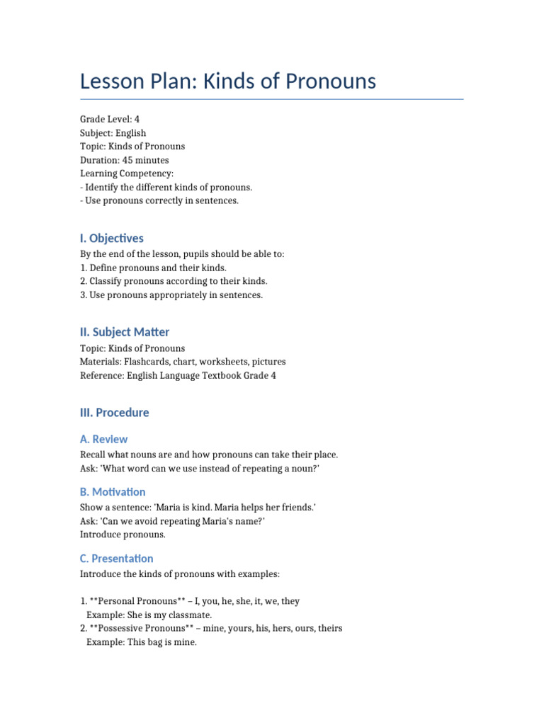 Lesson Plan Grade4 Kinds of Pronouns | PDF | Pronoun | English Language