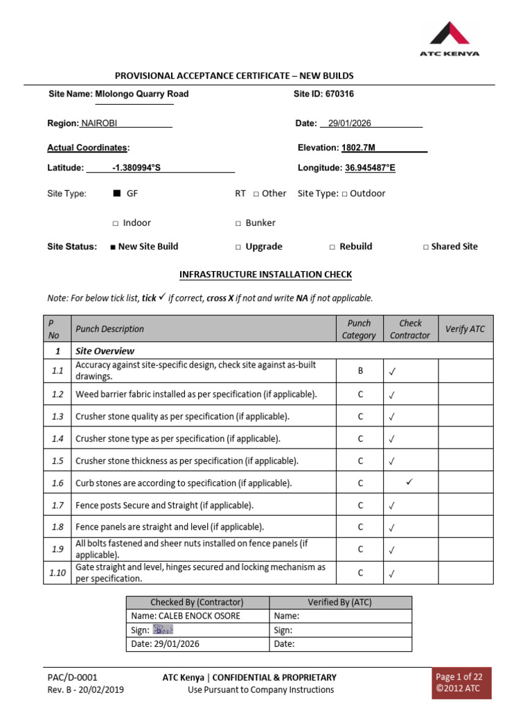 BTS - ATC PAC New Builds - Checklist - Mlolongo Quarry | PDF | Screw ...