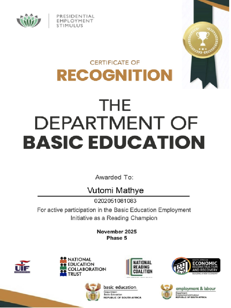 Reading Champions Certificate - Vutomi Mathye | PDF