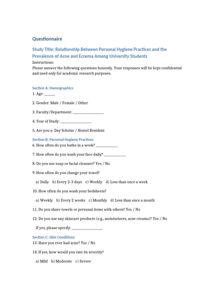 Personal Hygiene Acne Eczema Questionnaire | PDF