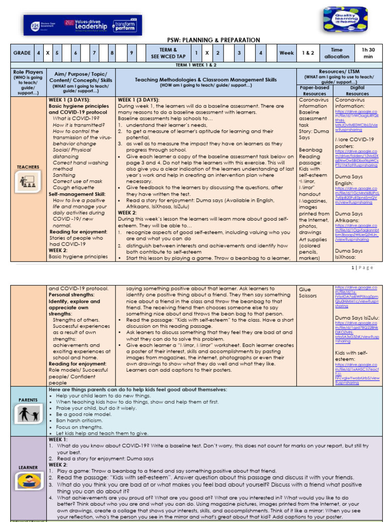 Lesson Plan Gr. 4 Life Skills PSW Term 1 Week 1 & 2 | PDF | Learning ...