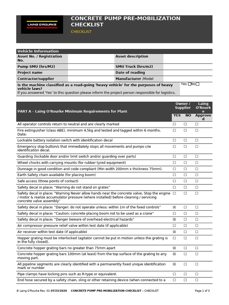 Concrete Pump Pre Mobilisation Checklist | PDF | Pump | Pipe (Fluid ...