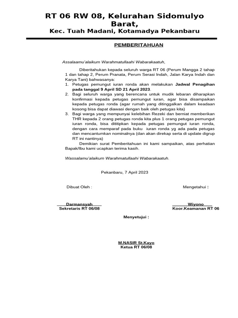 Surat Pemberitahuan RT 06 | PDF