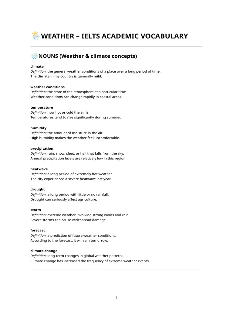 Weather Vocabulary Academic - Speaking Focus | PDF | Weather | Rain