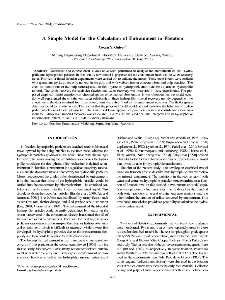 A Simple Model for the Calculation of Entrainment in Flotation | PDF ...