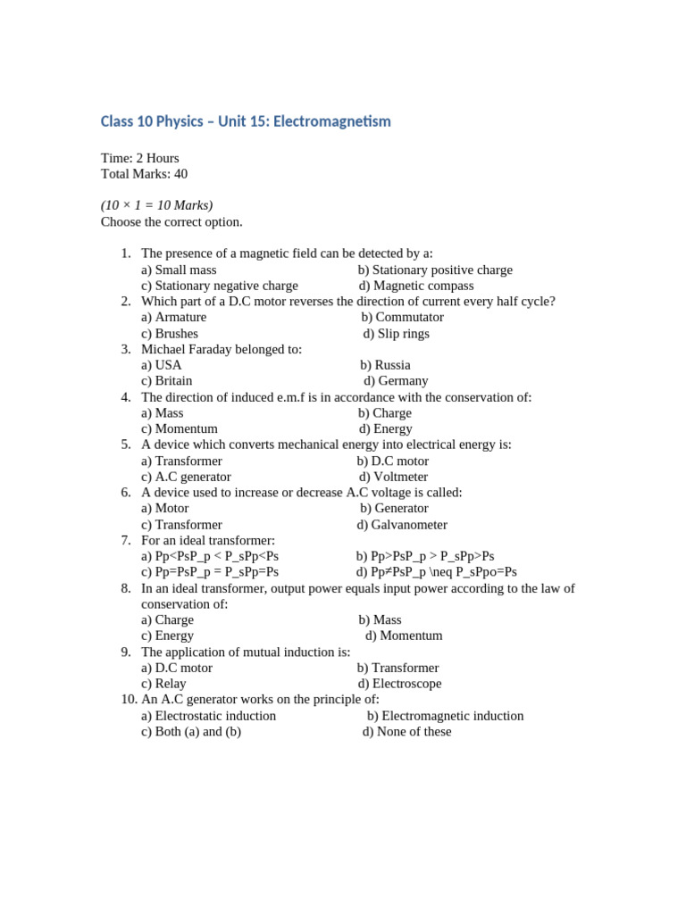 Class 10 Physics Unit 15 Electromagnetism Test | PDF | Electric Motor ...