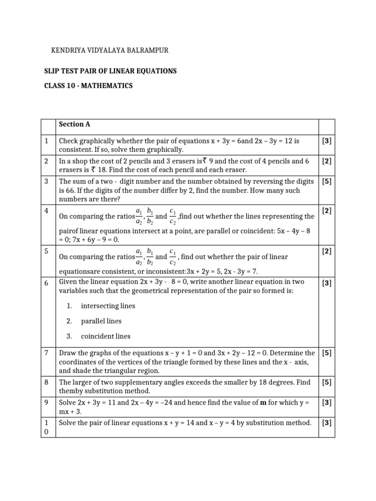 Slip Test Pair of Linear Equations | PDF