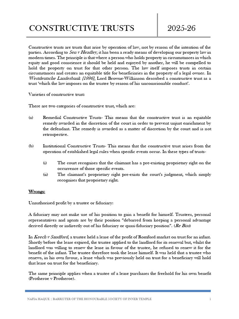 Constructive Trusts 2025 26 | PDF | English Trust Law | Wills And Trusts