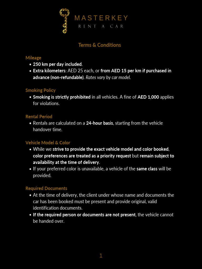 Masterkey Rent A Car - Terms and Conditions | PDF | Transport
