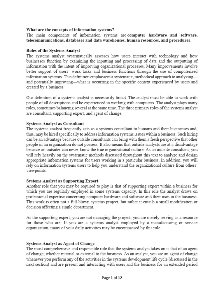1st Lesson Roles of The Systems Analyst Notes 2026 | PDF | Software ...