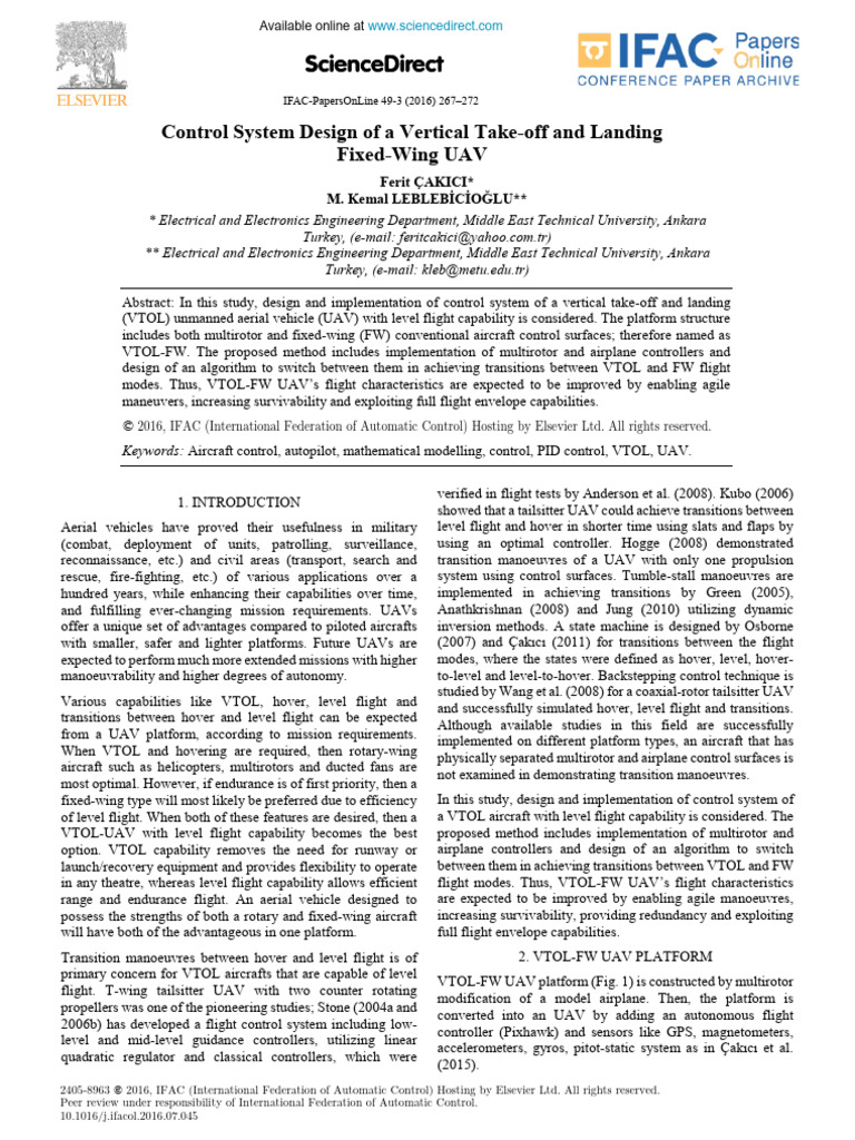 Control System Design of a Vertical Take-Off and Landing Fixed-Wing UAV ...