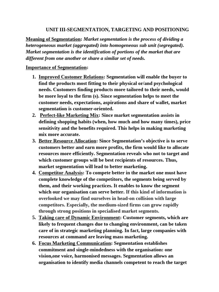 Unit III Marketing Notes STP | PDF | Marketing | Market Segmentation