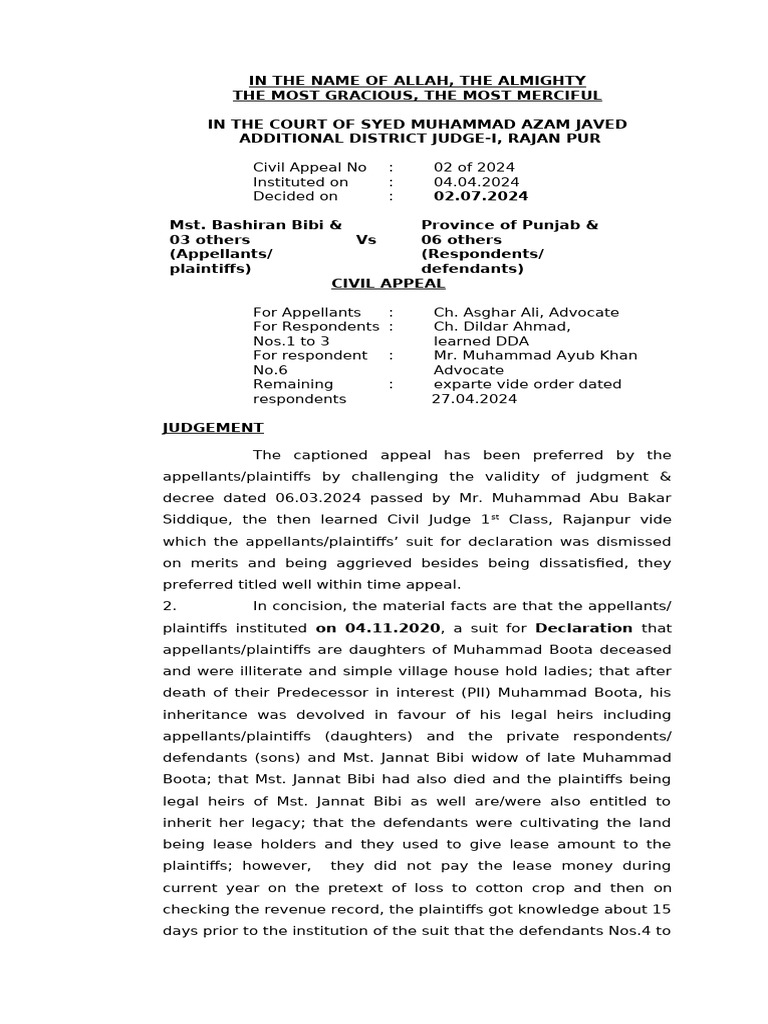 Ali Muhammad Vs Qurban 73 of 2025 Appeal Accepted Suit For Declaration ...