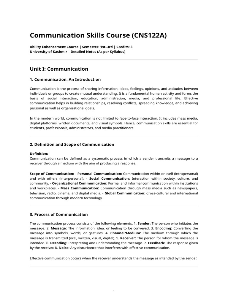 Communication Skills Course - Detailed Notes (Ku Ist Semester) | PDF ...
