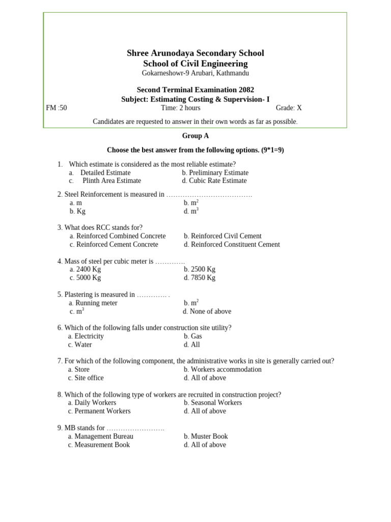 Estimate Second Terminal Question 2082 | PDF | Mortar (Masonry) | Concrete