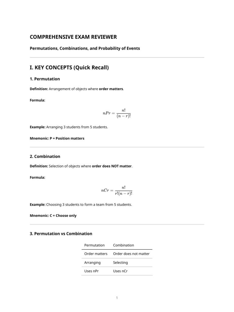 Math Reviewer Permutations Combinations and Probability | PDF | Mathematics