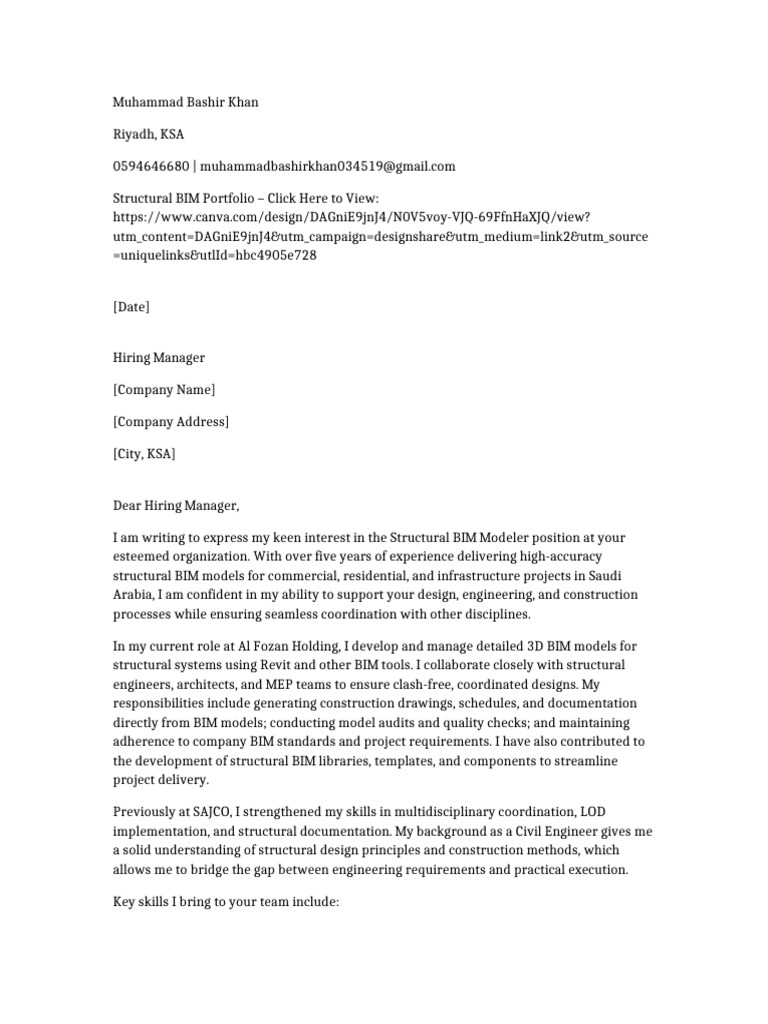 Structural BIM Modeler Cover Letter | PDF | Building Information ...