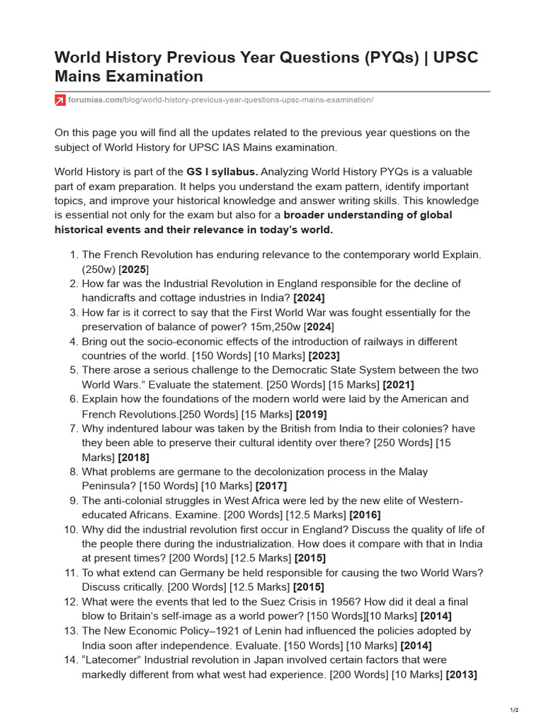 World History Previous Year Questions (PYQs) - UPSC Mains Examination | PDF