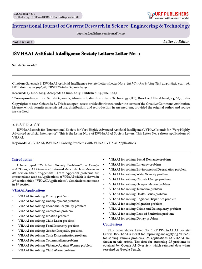 ISVHAAI Artificial Intelligence Society Letters: Letter No. 1 | PDF ...
