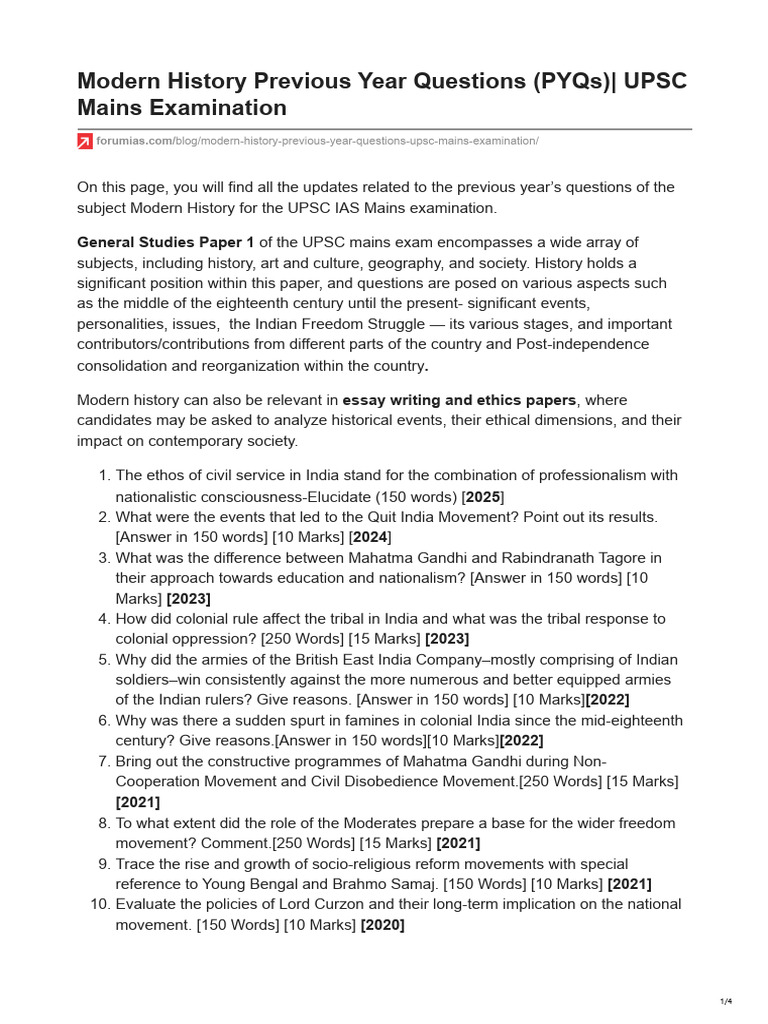 Modern History Previous Year Questions (PYQs) - UPSC Mains Examination ...