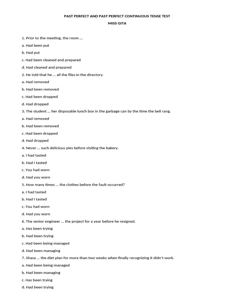 Past Perfect and Past Perfect Continuous Tense Test 8 | PDF | Chess ...