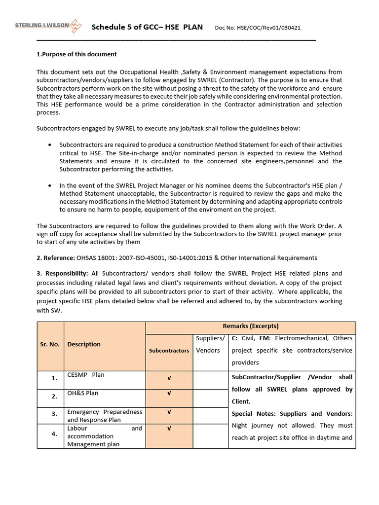 HSE Requirment_Doc No COC HSE Rev1 1030421 | PDF | Housekeeping | Waste