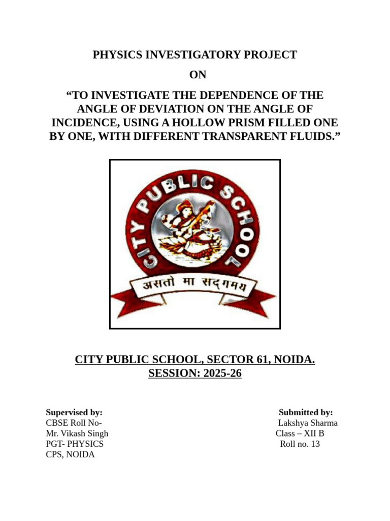 PHYSICS INVESTIGATORY PROJECT (WORD FILE)_025429 | PDF | Refraction ...