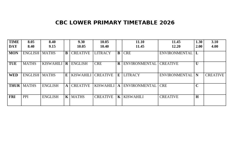 CBC Lower Primary Timetable 2026 Updated | PDF