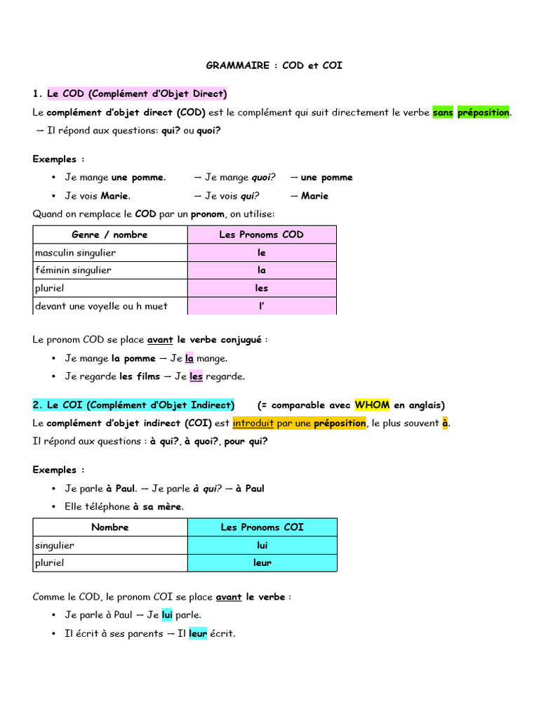 GRAMMAIRE COD Et COI Theorie Et Exercices | PDF | Complément d'objet ...
