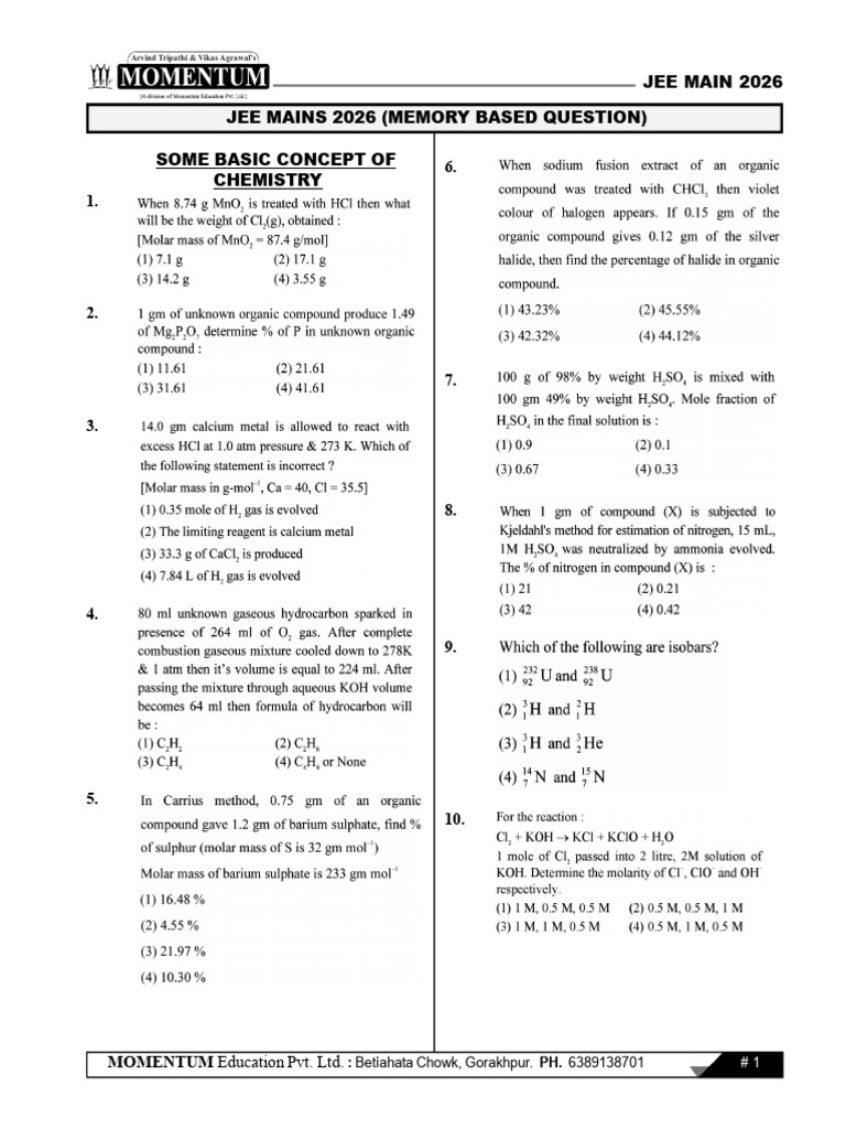 JEE Main (2026) Memory Based Questions | PDF | Chemistry | Physical ...