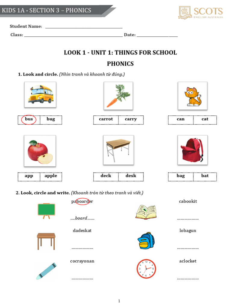WS Look 1 Unit 1 Sec 3 Phonics | PDF