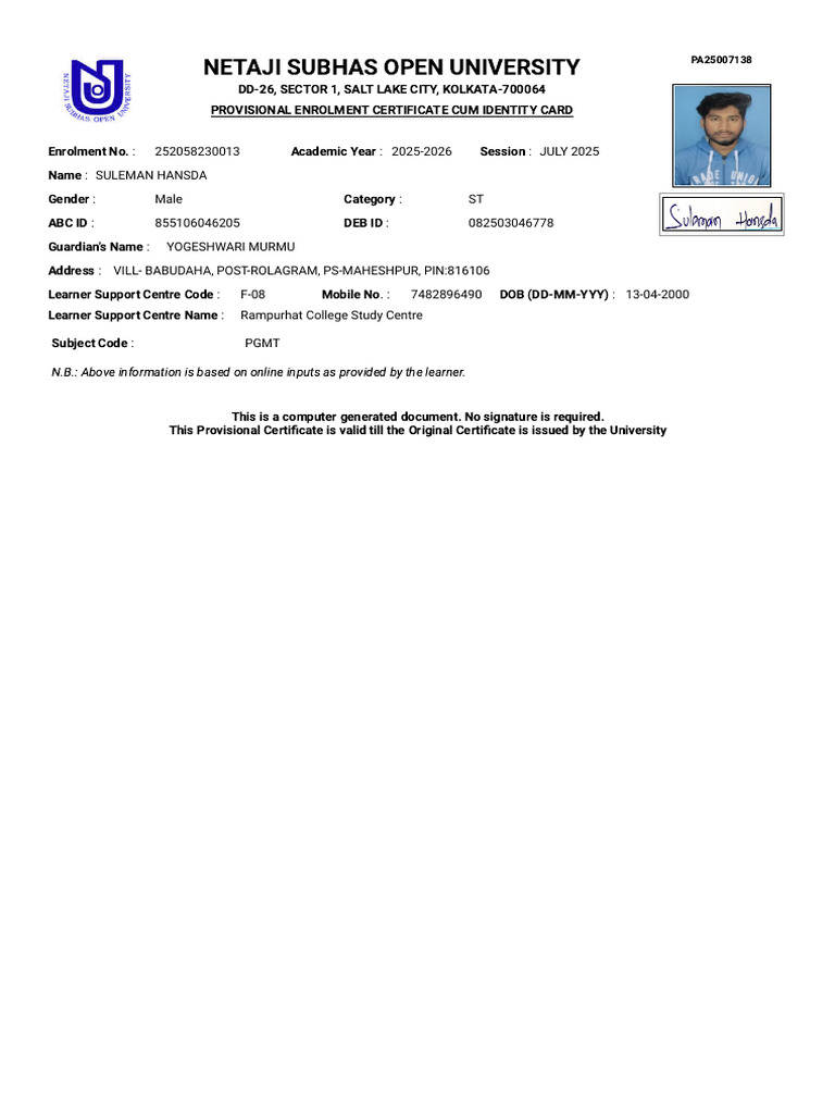 NSOU Enrollement Certificate 2025-27 | PDF