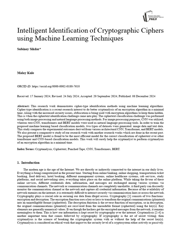 Intelligent Identification of Cryptographic Ciphers Using Machine ...