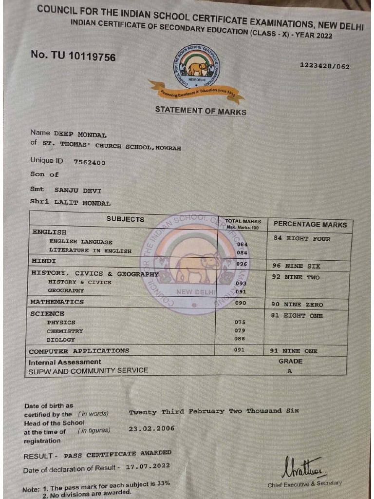 Class X Marksheet PDF | PDF
