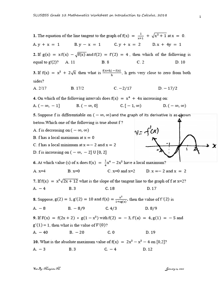 Worksheet On Int (1) - To Culculus | PDF | Slope | Tangent