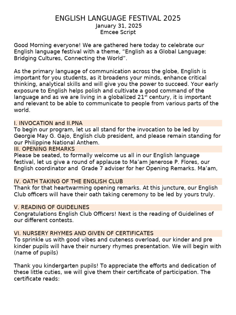 English Language Festival 2025 - Emcee Script | PDF | Communication ...
