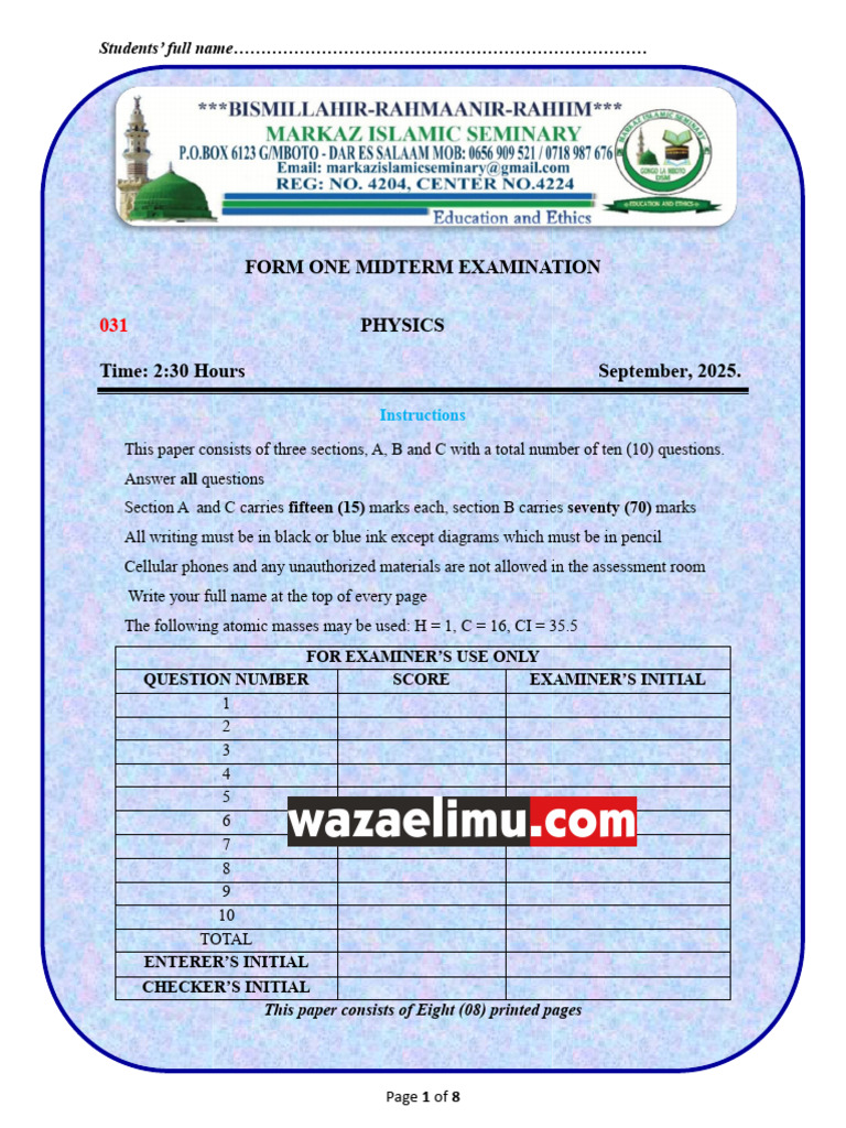 f1 Physics Midterm Sept 2025 - Wazaelimu.com | PDF | Force | Physics