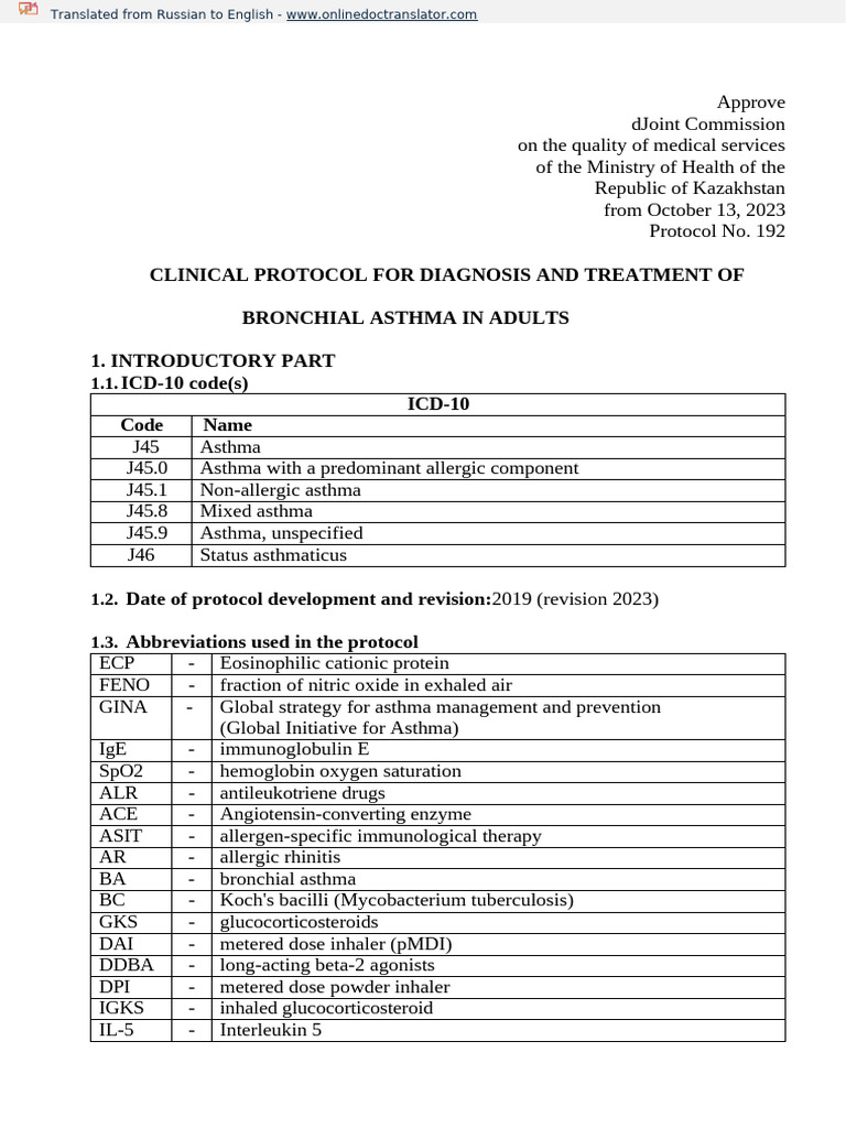 Clinical Protocol For Diagnosis and Treatment of Bronchial Asthma in ...