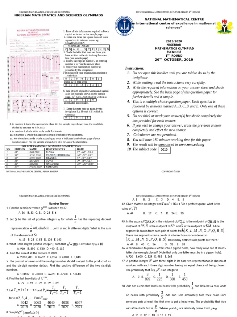 Senior Maths First Round 2020 | PDF | Mathematics | Elementary Mathematics