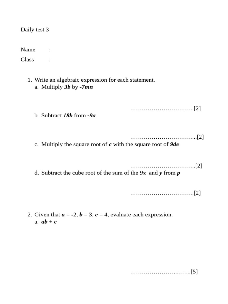 Daily Test 3 Basic Algebra | PDF