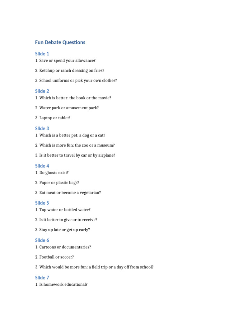 Fun Debate Questions 2 | PDF